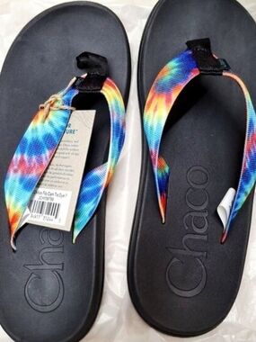 Chaco Women's Black Flip Sandals with Rainbow Tie-Dye Straps
